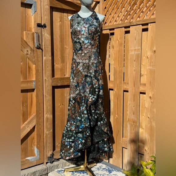 🆕 BRONX & BANCO🧿 NWOT Sicilia Blue Sequin Fluted Hem Maxi Dress Sz M US 6 - Picture 3 of 16
